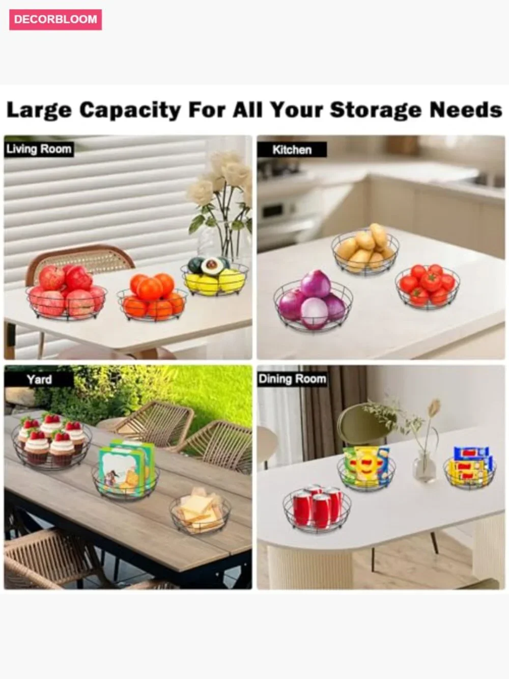 Set of 3 Metal Wire Fruit Baskets Kitchen Counter Storage Organizer